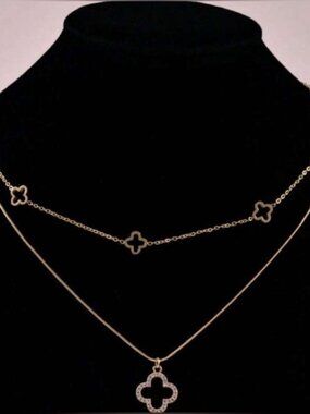 Gold Plated Stainless Steel Clover Layered Necklace CZ Pendant Double Chain